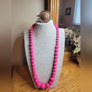Bright Hot Pink Acrylic Beaded Necklace and Brass Hinged Bracelet Set